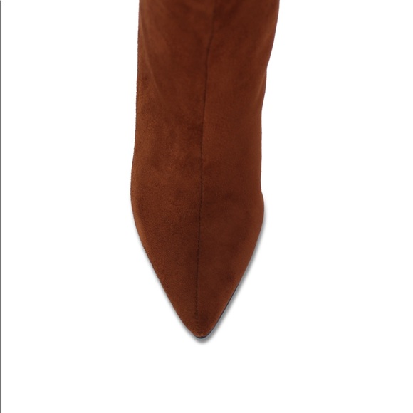 Women’s Cone Heel Knee High Slouchy Boot with Pointed Toe in Camel Faux Suede - Picture 4 of 14